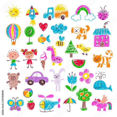 Kids drawing. Pencil hand drawn doodles funny sketches animals house clouds recent vector templates colored set