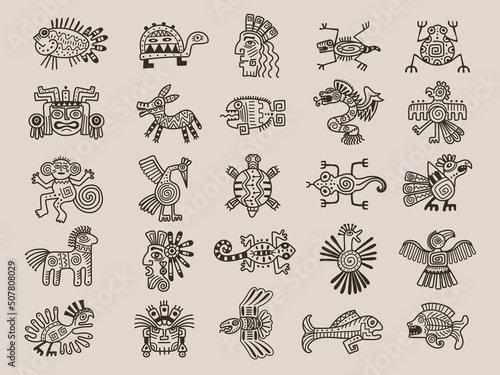 Aztec animals. Mexican tribals symbols maya graphic objects native ethnicity drawings recent vector aztec civilization set photo