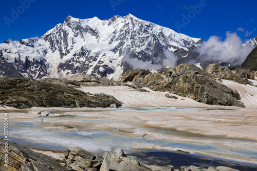 Panoramic view of glacier lake with Monte Rosa in the background, Piedmont, Italy