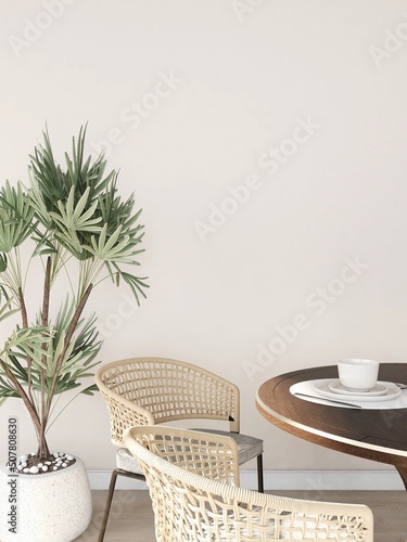 Wall mockup of a dining room with handmade chairs, table decoration and ornamental plant. 3d rendering, interior design, 3d illustration