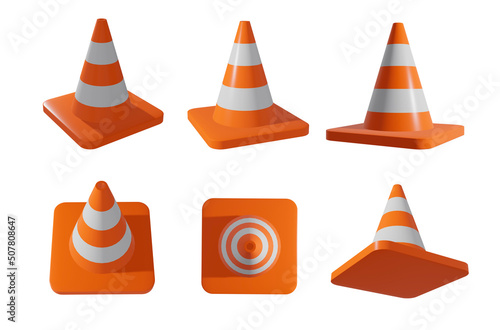 set of six traffic cone isolated white background. 3d render, 3d illustration
