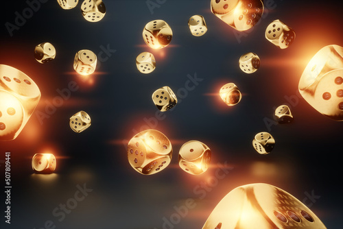 Casino concept, golden dice on black background, black and gold design. Gambling, luxury style, poker, blackjack, baccarat. Casino win poster. design for gambling banner. 3D render, 3D illustration.