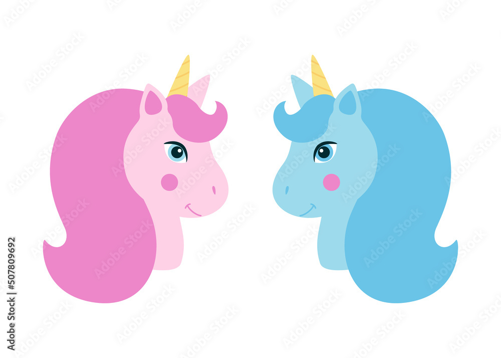 Pink and blue unicorn head with mane and yellow horn. Cute fantasy unicorn, fairytale for baby. Vector illustration on white background