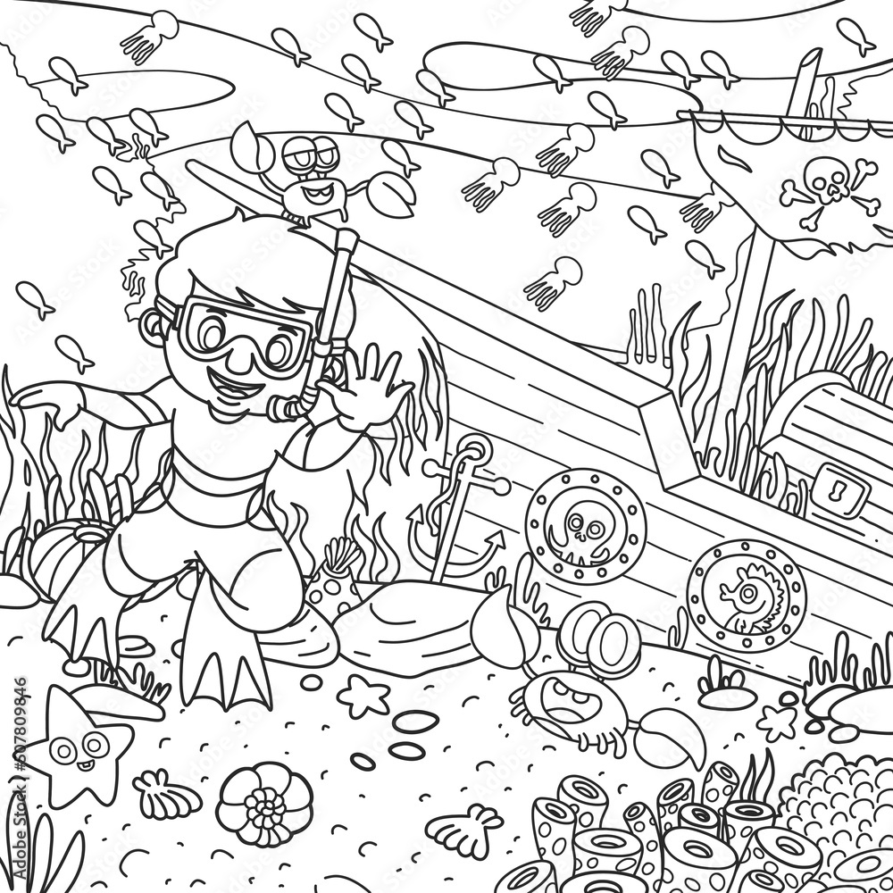 Coloring book children illustration of a kid diver with marine life