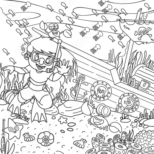 Coloring book children illustration of a kid diver with marine life