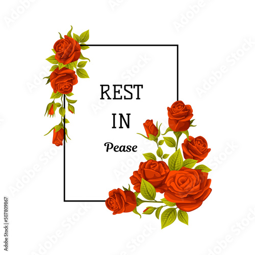 Funeral Red Rose Frame with Rest in Peace Quote and Inscription Vector Illustration