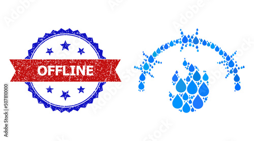 Vector mosaic fire jail, and bicolor dirty Offline seal stamp. Fire jail mosaic for clean beverage advertisement. Fire jail is created from blue drinking water drops.