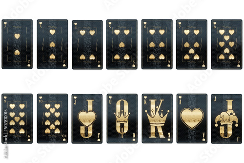 Casino concept, Set of Hearts playing cards, black and gold design isolated on white background. Gambling, luxury style, poker, blackjack, baccarat. 3D render, 3D illustration. photo