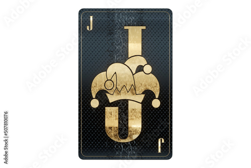 Casino concept, joker playing card, black and gold design isolated on white background. Gambling, luxury style, poker, blackjack, baccarat. 3D render, 3D illustration.