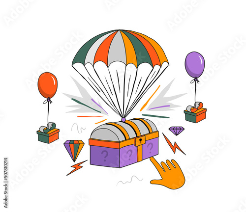 Modern Vector illustration with loot boxes in linear style. Surprise box and gift boxes parachute down with a hand pointing at them.