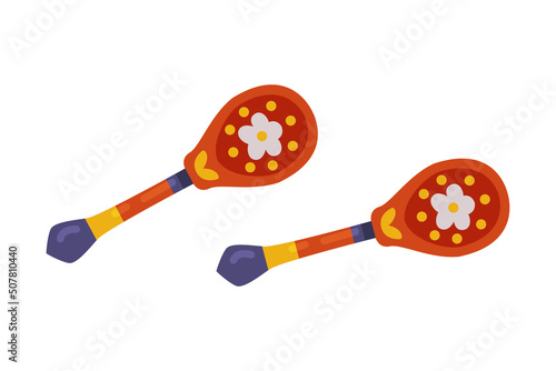 Wooden Spoon Painted with Russian Ornament Vector Illustration