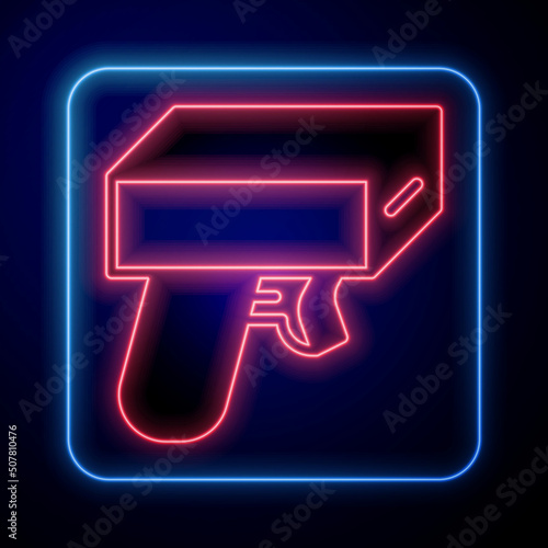 Glowing neon Money gun icon isolated on black background. Shoot the toy gun with money. Cash machine gun. Vector