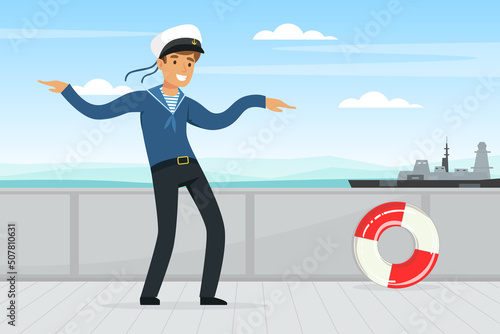 Man Sailor Character in Blue Shirt and Cap on Deck of Ship with Lifebuoy Vector Illustration