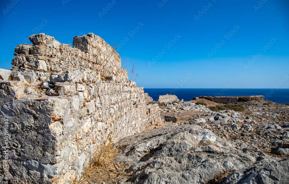 Ruined Feraklos castle overlooking Charaki, Rhodes, Greece