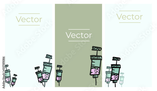 Injector needle with painkiller sketch vector set of illustrations. Vacine pharma antibiotic hand drawn vertical background. Medicament therapy media banner