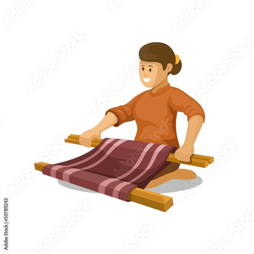 Woman weaving craft aka Tenun traditional woven textile handmade process clothes fabric asian craft illustration vector