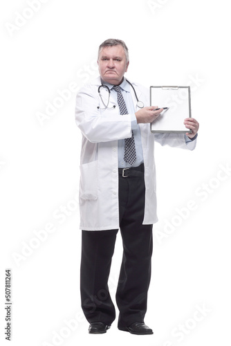 competent doctor with clipboard. isolated on a white background.
