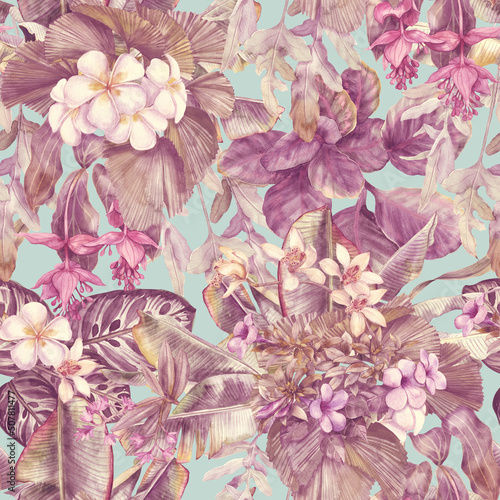 Tropical seamless pattern with exotic flowers. Floral background with leaves and flowers