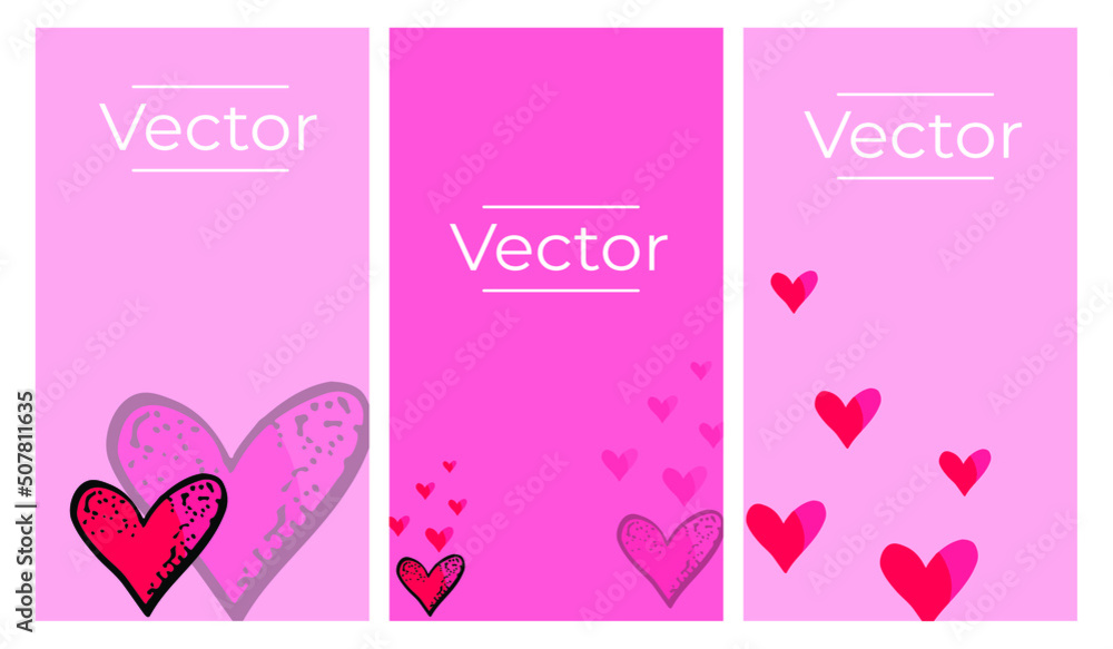 Flying heart sketch vector set of illustrations. Love celebration hand drawn vertical background. Romance magic media banner