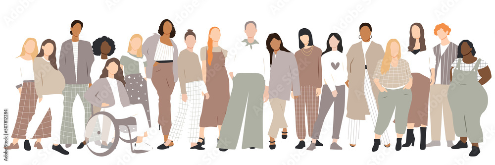 Women stand side by side together. Flat vector illustration. Women stand side by side together. Flat vector illustration.