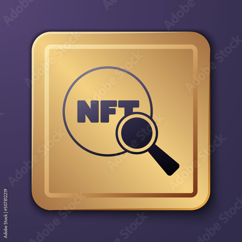Purple Search NFT icon isolated on purple background. Non fungible token. Digital crypto art concept. Gold square button. Vector