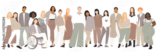 Women stand side by side together. Flat vector illustration.	