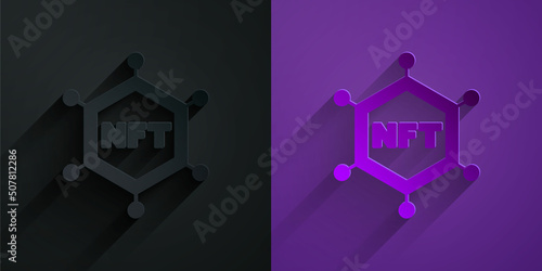 Paper cut NFT blockchain technology icon isolated on black on purple background. Non fungible token. Digital crypto art concept. Paper art style. Vector