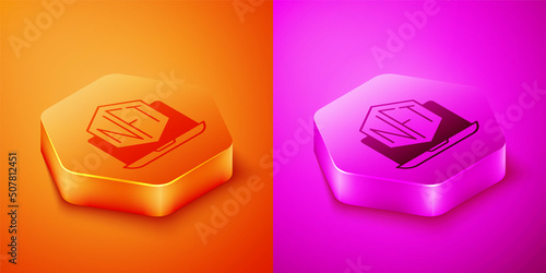 Isometric Laptop with art store app icon isolated on orange and pink background. Technology of selling NFT tokens for cryptocurrency. Non fungible token concept. Hexagon button. Vector