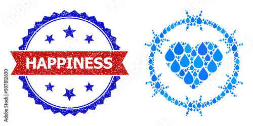 Vector mosaic love jail, and bicolor rubber Happiness seal stamp. Love jail mosaic for pure water advertisement. Love jail is designed from blue clean liquid drops.