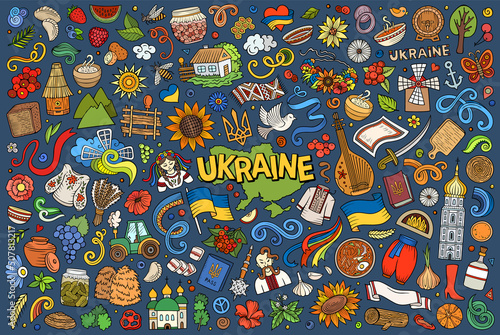Doodle cartoon set of Ukraine objects and symbols