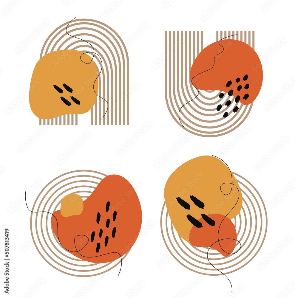 Set of abstract backgrounds. Hand-drawn doodle of various shapes, spots, drops. Modern contemporary trendy vector illustration. Each background is isolated.