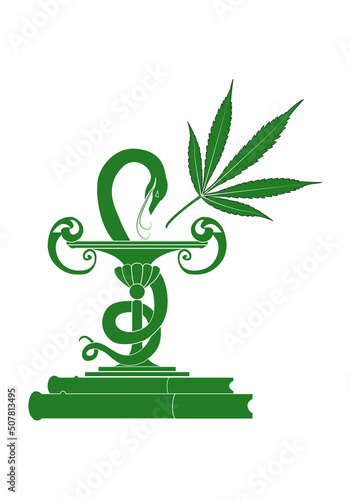 Símbolo de farmacia y hoja de cannabis en verde sobre fondo blanco. El cannabis utilizado como medicina