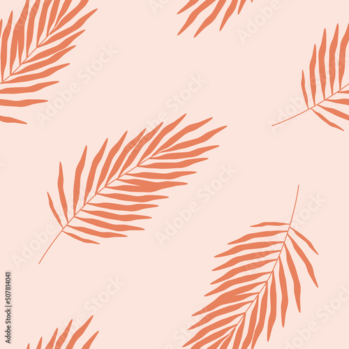 Hand drawn cute summer floral seamless pattern with palm leaves. Flat vector tropical exotic print design colored doodle style. Repeated background botanical, red twig wrapping or wallpaper.
