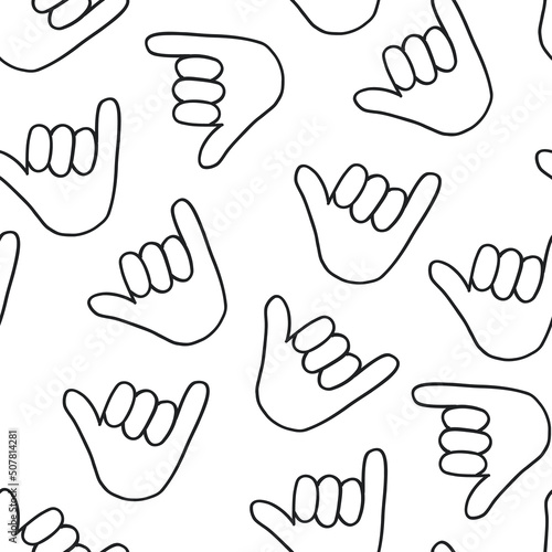 Hang loose seamless vector background. Surfing shaka hand sign repeating pattern. Hang loose hand gesture design for surf shop, fabric, cool decor, beach vibes, hawaii.