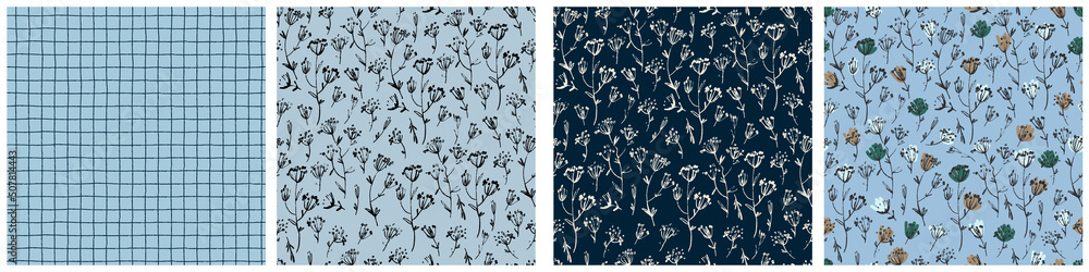 Seamless patterns set with hand drawn meadow flowers in Ditsy style. Colorful illustrations for surface design and other design projects Seamless patterns set with hand drawn meadow flowers in Ditsy style. Colorful illustrations for surface design and other design projects
