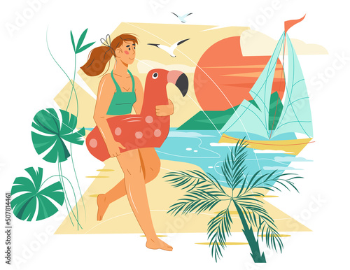 Summer seashore tropical beach background with woman going to swim flat vector illustration isolated on white background. Decorative sea banner. Summer vacation.