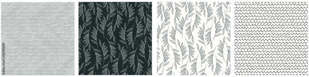 Seamless patterns set with elm tree branches and leaves on light background for surface design, wallpaper, fabrics, home decor. Monochrome pastel realistic line art