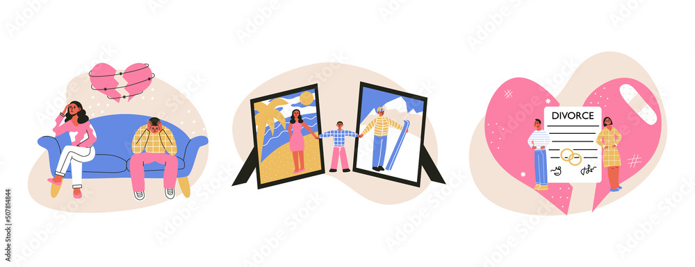 Divorce, complicated relationship, couple quarrel. Husband wife in conflict, troubles, misunderstanding. Children involving in parents divorce Difficult relations in family. Flat vector illustration