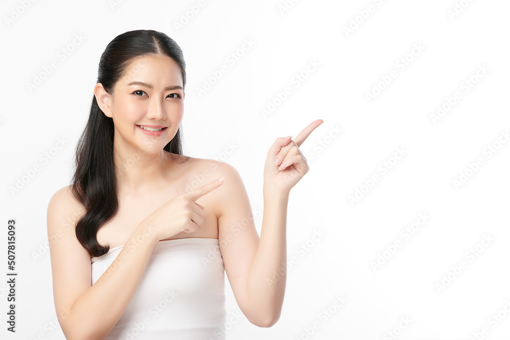 Beautiful young asian woman with clean fresh skin on white background, Face care, Facial treatment, Cosmetology, beauty and spa, Asian women portrait.