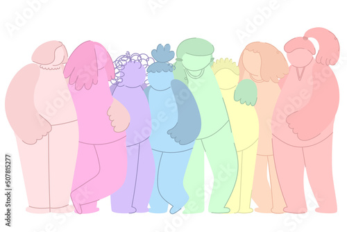 Movement equality of women, group of different women. Break the bias. woman feminism. International woman day. Girls are standing, hugging together. Teamwork, togetherness, friendship. drawn Vector