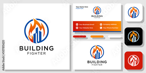 Building Fighter fire station rescue profession with business card template 