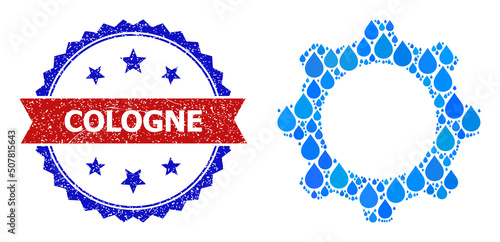 Vector mosaic gearwheel, and bicolor scratched Cologne stamp. Gearwheel mosaic for clean water advertisement. Gearwheel is composed from blue drinking water drops.