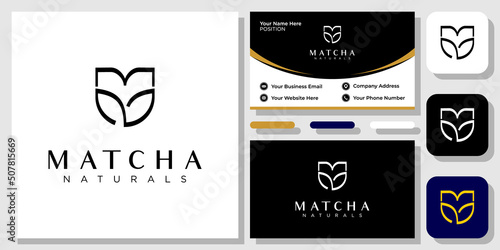 Matcha Naturals symbol graphic flower feminine initials tulip shape with business card template 