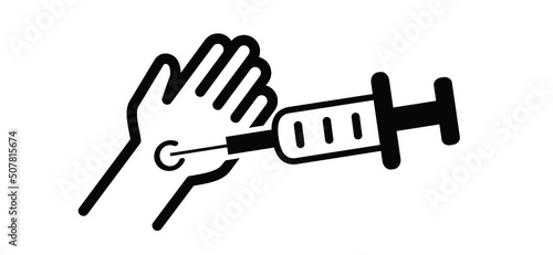 Cartoon, comic injection in hand. Needle spiking. Anti viral virus vaccine. Vector icon or symboolAntiviral virus vaccines for preventing epidemic, booster shot. Inject or injection for diabetes.