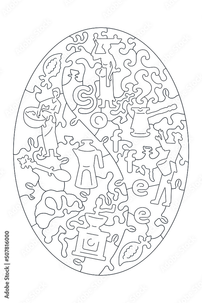 Puzzle drawing with a pattern about coffee. Coffee coloring book. Puzzle with a pattern Puzzle drawing with a pattern about coffee. Coffee coloring book. Puzzle with a pattern
