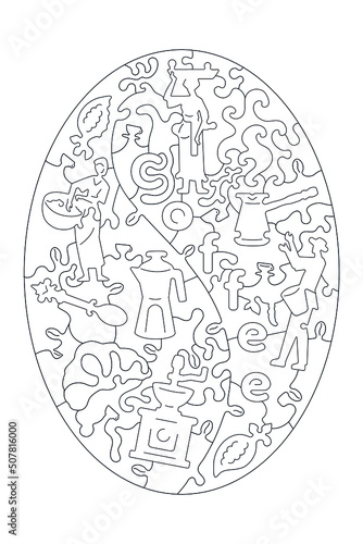 Puzzle drawing with a pattern about coffee. Coffee coloring book. Puzzle with a pattern