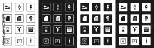 Set Marker pen, File document, Stapler, Light bulb, Wrist watch, Calendar and Old hourglass icon. Vector
