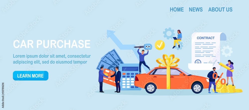 Naklejka premium Buying new car. Rent auto, carsharing. Businessmen signing contract for car leasing and shaking hands. Bank loan agreement, property insurance. Agent selling vehicle to customer