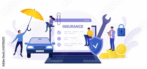 Car insurance policy form on laptop screen. Insurance agent or salesman providing security document. People buying auto, leasing. Protection, warranty of vehicle from accident, damage or collision.