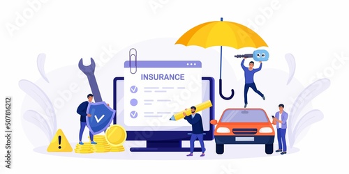 Car insurance policy form on computer screen. Insurance agent or salesman providing security document. People buying auto, leasing. Protection, warranty of vehicle from accident, damage or collision. 
